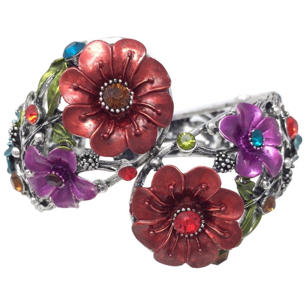 Multicolor Flowers Rhinestone Silver Chunky Statement Hinged Bangle Bracelet 29$